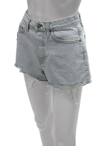 Grlfrnd Womens Blue Cut-Off Cotton Shorts Button Size 26