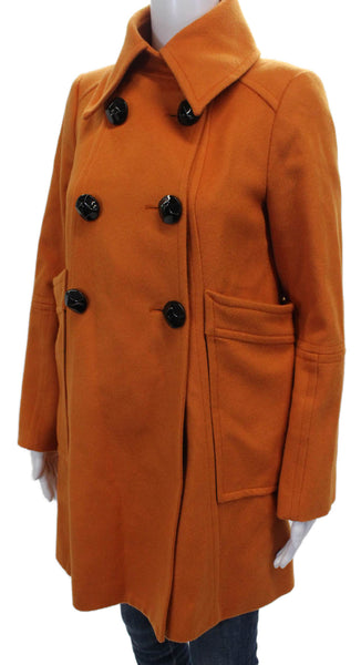 Zara Women Pea Coat Orange 100% Wool Button Long Sleeve Size S