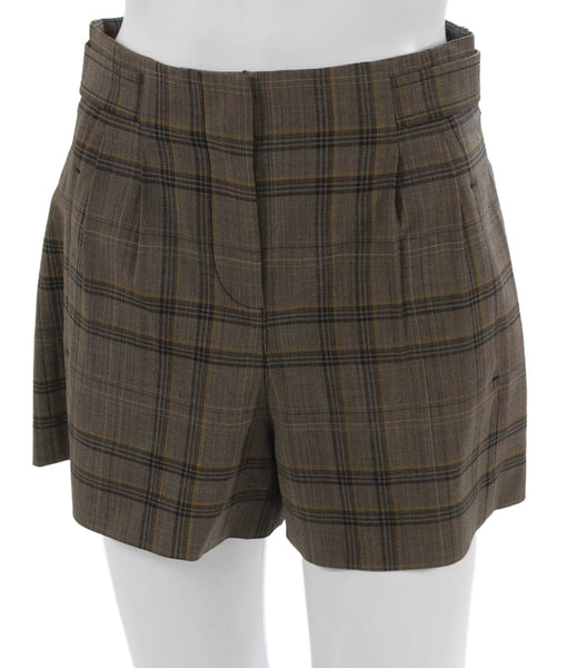Tanya Taylor Women Chino Shorts Brown Plaid Wool Button Size 2