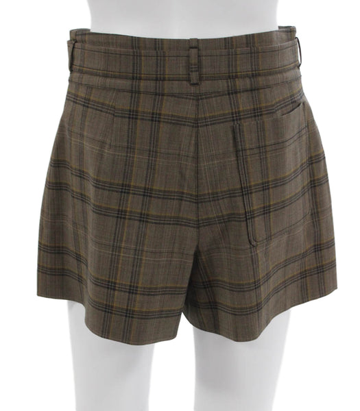 Tanya Taylor Women Chino Shorts Brown Plaid Wool Button Size 2