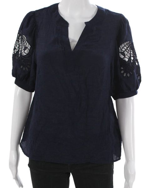 Nanette Nanette Lepore Womens Blue V Neck Short Sleeve Blouse Rayon Size S