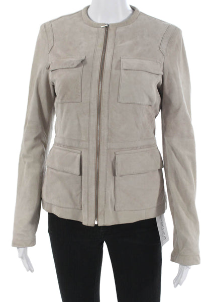 Belstaff Women Military Leather Jacket Beige Zip Long Sleeve Size 40