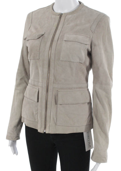Belstaff Women Military Leather Jacket Beige Zip Long Sleeve Size 40