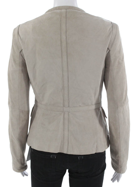 Belstaff Women Military Leather Jacket Beige Zip Long Sleeve Size 40