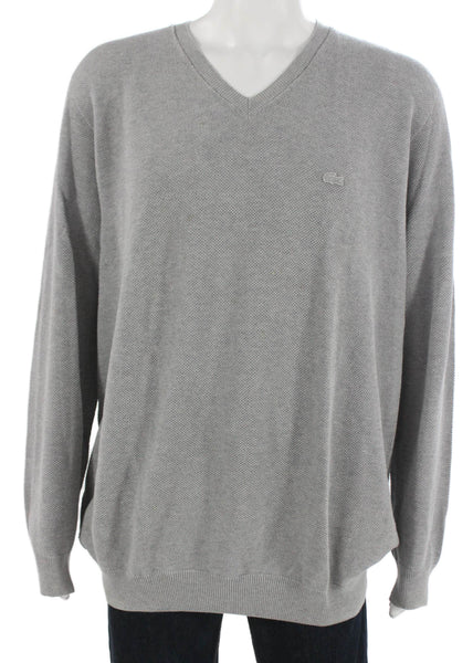 Lacoste Men Gray Cotton V-Neck Long Sleeve Pullover Sweater Size 2XL