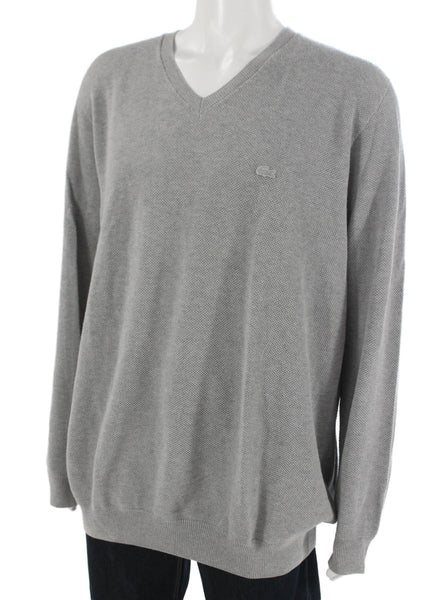 Lacoste Men Gray Cotton V-Neck Long Sleeve Pullover Sweater Size 2XL