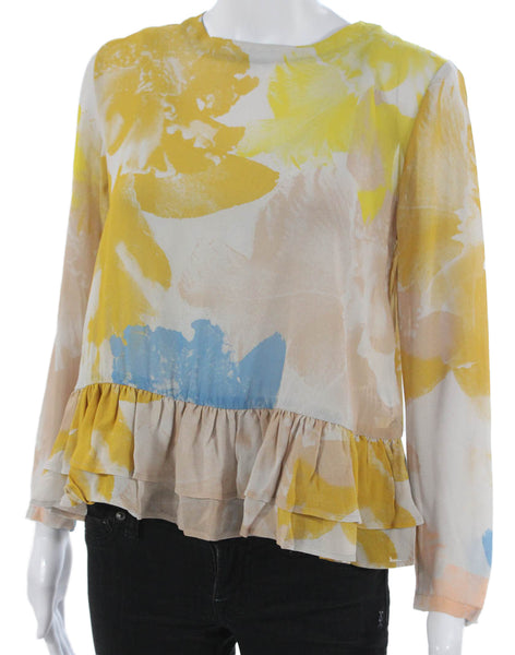 Rodebjer Womens Floral Viscose Blouse Button Round Neck Long Sleeve Size XS