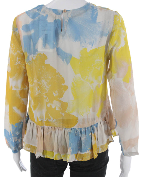 Rodebjer Womens Floral Viscose Blouse Button Round Neck Long Sleeve Size XS