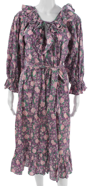Mille Resort & Travel Women Maxi Floral V Neck Cotton Long Sleeve Dress Size S