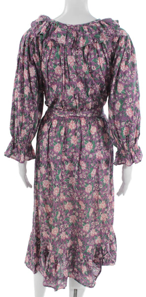 Mille Resort & Travel Women Maxi Floral V Neck Cotton Long Sleeve Dress Size S
