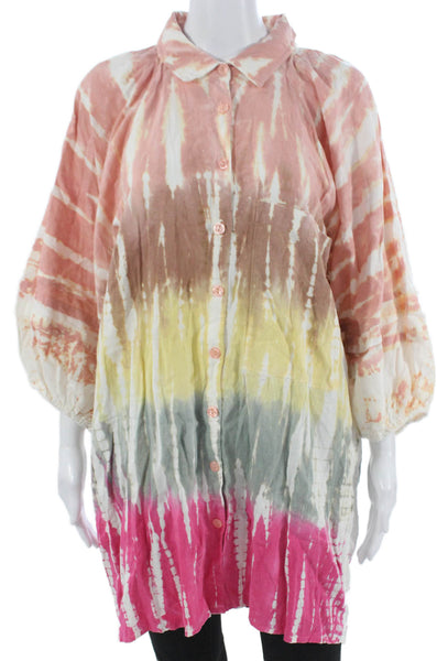 YFB Women Tunic Button Up Collared Striped Linen Multicolor Long Sleeve Size M