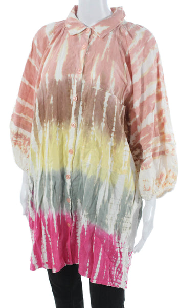 YFB Women Tunic Button Up Collared Striped Linen Multicolor Long Sleeve Size M