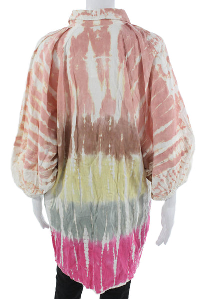 YFB Women Tunic Button Up Collared Striped Linen Multicolor Long Sleeve Size M