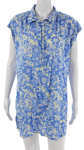 J Crew Women Blue Floral Cotton Collared Tunic Short Sleeve Size M