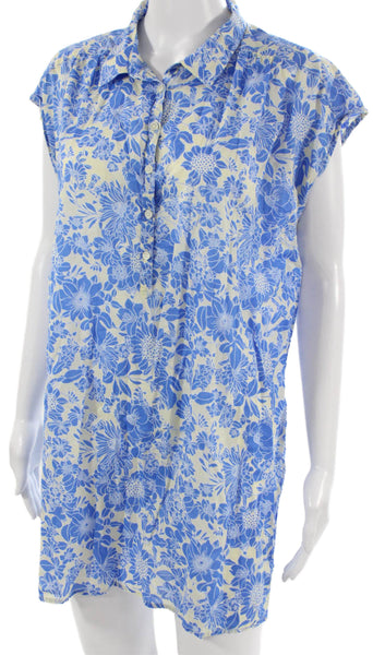 J Crew Women Blue Floral Cotton Collared Tunic Short Sleeve Size M