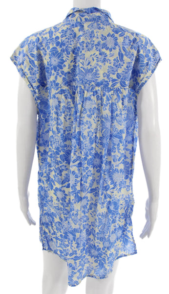J Crew Women Blue Floral Cotton Collared Tunic Short Sleeve Size M