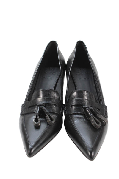 Brunello Cucinelli Women's Pointed Toe Tassel Leather Pumps Black Size 41
