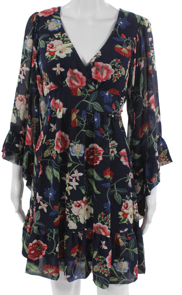 Betsey Johnson Womens Fit & Flare Blue Floral V-Neck Long Sleeve Dress Size 2