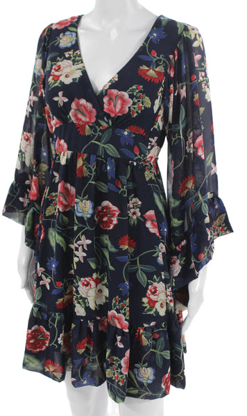 Betsey Johnson Womens Fit & Flare Blue Floral V-Neck Long Sleeve Dress Size 2