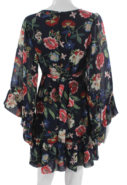 Betsey Johnson Womens Fit & Flare Blue Floral V-Neck Long Sleeve Dress Size 2