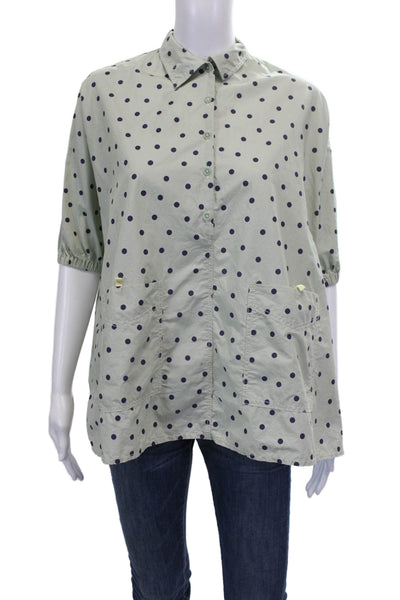 Zara Girls Polka Dot Collared Tunic Button Up Green 3/4 Sleeve Cotton Size S