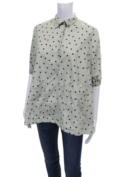 Zara Girls Polka Dot Collared Tunic Button Up Green 3/4 Sleeve Cotton Size S