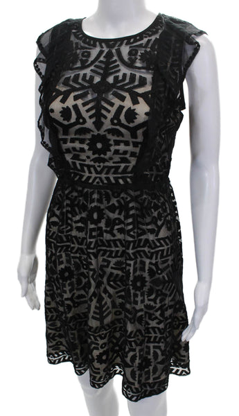 Parker Women Fit & Flare Dress Black Geometric Round Neck Sleeveless Size S
