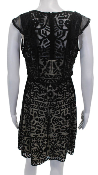 Parker Women Fit & Flare Dress Black Geometric Round Neck Sleeveless Size S