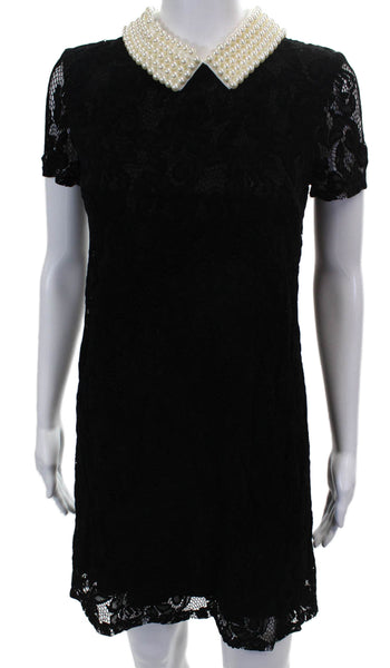 Betsey Johnson Womens Shift Dress Black Collared Short Sleeve Zip Nylon Size S