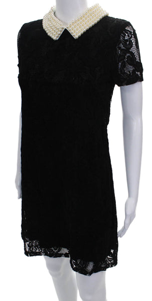 Betsey Johnson Womens Shift Dress Black Collared Short Sleeve Zip Nylon Size S
