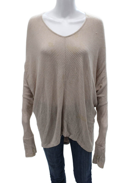 Sen Womens V-Neck Striped Pullover Sweater Beige Polyester Long Sleeve Size M