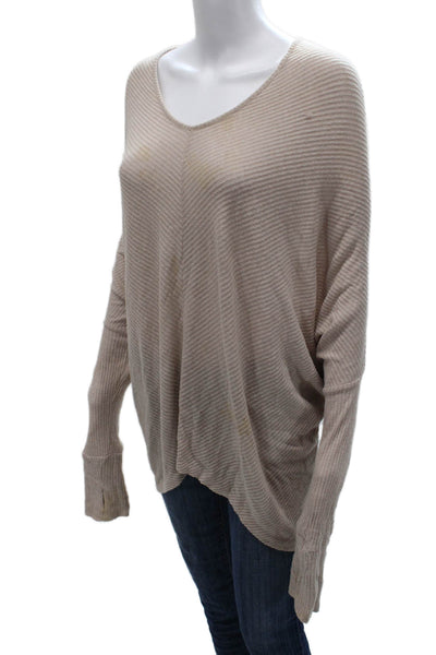 Sen Womens V-Neck Striped Pullover Sweater Beige Polyester Long Sleeve Size M