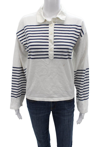 J Crew Womens White Striped Cotton Collared Button Long Sleeve Polo Size L