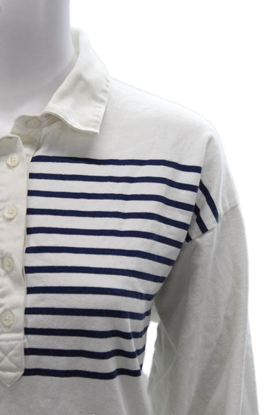 J Crew Womens White Striped Cotton Collared Button Long Sleeve Polo Size L