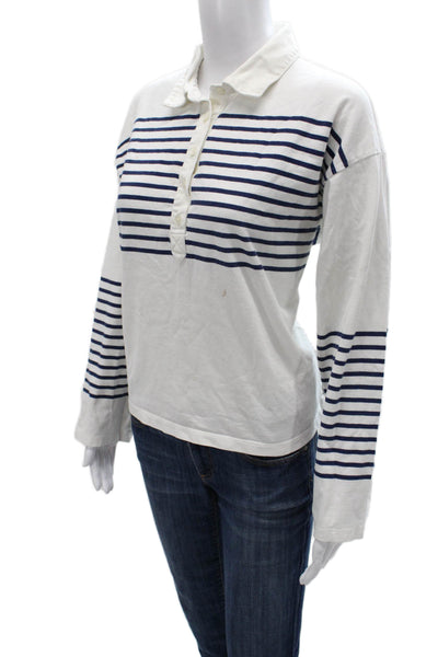 J Crew Womens White Striped Cotton Collared Button Long Sleeve Polo Size L