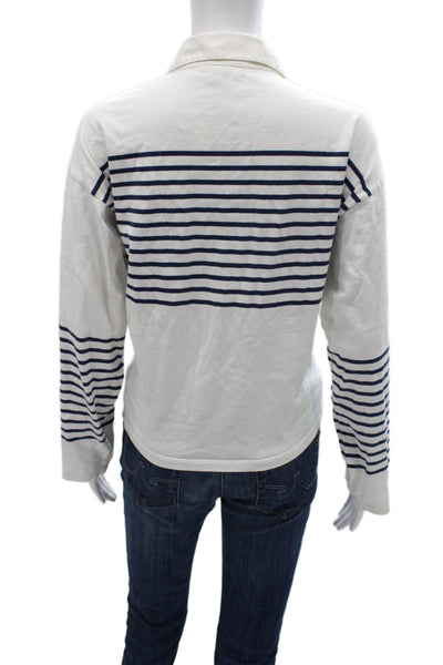 J Crew Womens White Striped Cotton Collared Button Long Sleeve Polo Size L