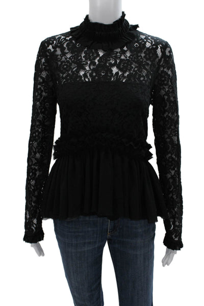 Tuckernuck Women Blouse Black Floral High Neck Cotton Long Sleeve Button Size M