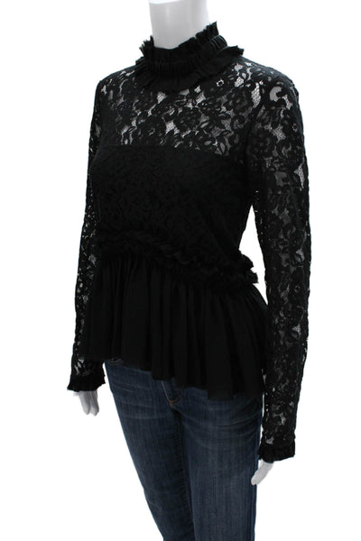 Tuckernuck Women Blouse Black Floral High Neck Cotton Long Sleeve Button Size M