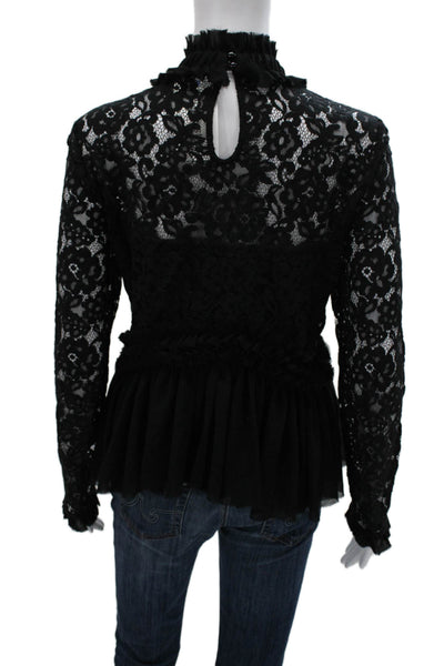 Tuckernuck Women Blouse Black Floral High Neck Cotton Long Sleeve Button Size M