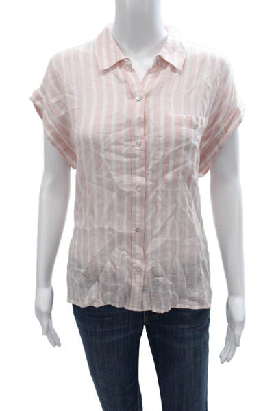 Rails Womens Pink Striped Linen Collared Short Sleeve Button-Up Top Size L