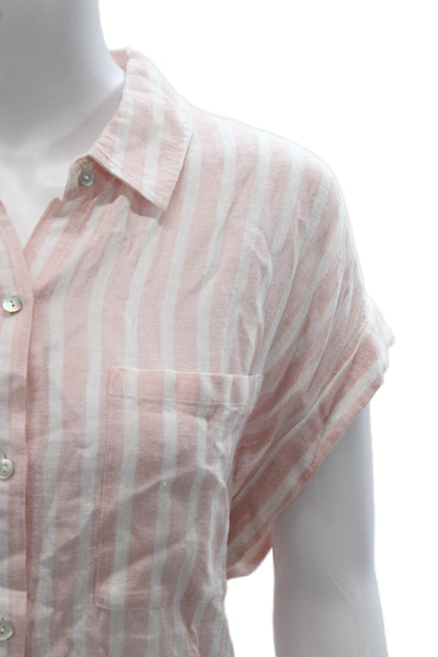 Rails Womens Pink Striped Linen Collared Short Sleeve Button-Up Top Size L
