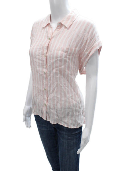 Rails Womens Pink Striped Linen Collared Short Sleeve Button-Up Top Size L
