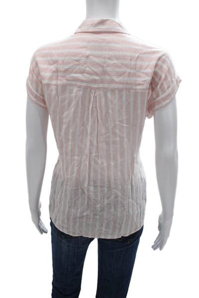 Rails Womens Pink Striped Linen Collared Short Sleeve Button-Up Top Size L