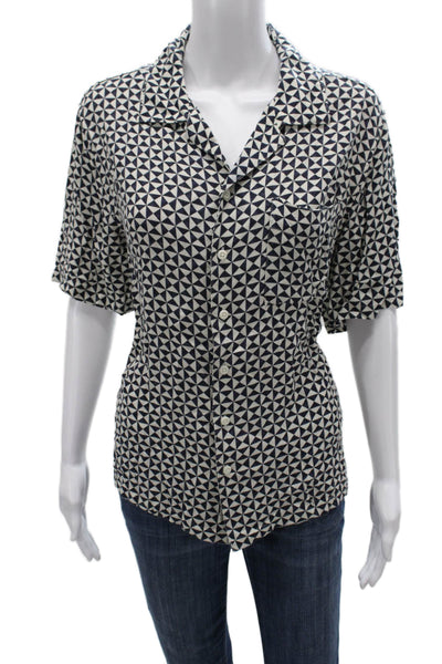 ONIA Womens Blue Collared Short Sleeve Button Up Viscose Geometric Top Size M
