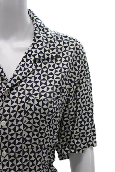 ONIA Womens Blue Collared Short Sleeve Button Up Viscose Geometric Top Size M