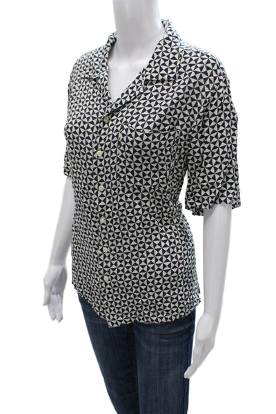 ONIA Womens Blue Collared Short Sleeve Button Up Viscose Geometric Top Size M