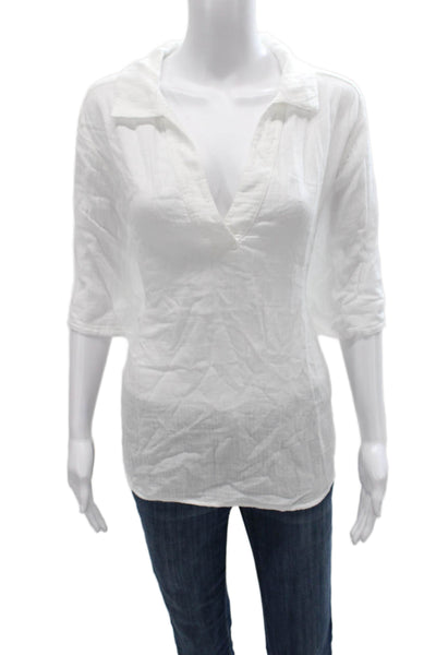 Xirena Women White Cotton Collared 3/4 Sleeve Tunic Pullover Size L