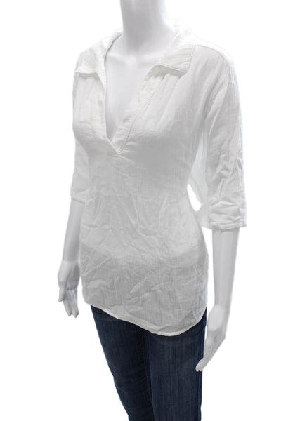 Xirena Women White Cotton Collared 3/4 Sleeve Tunic Pullover Size L