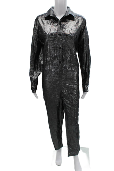 Kondi Women Jumpsuit Black Cotton Long Sleeve Collared Button Size M