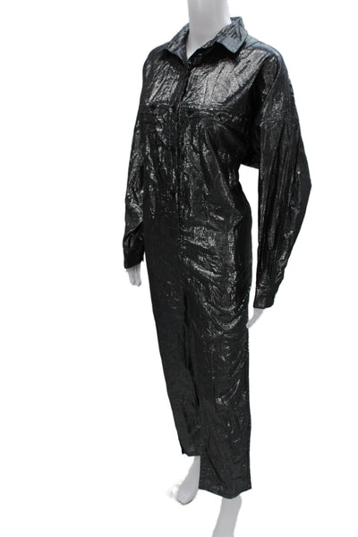 Kondi Women Jumpsuit Black Cotton Long Sleeve Collared Button Size M